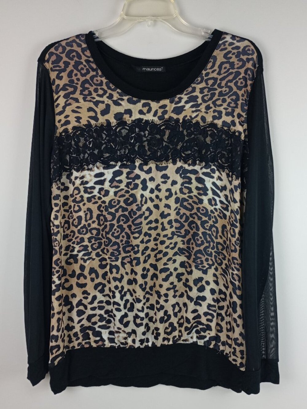 Maurices Womens XL Black Leopard Print Lace Long Sheer Sleeve Blouse Shirt
